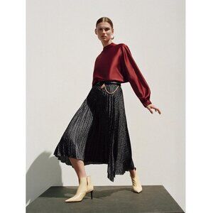 Zara Parisian Pleated Midi Skirt High Rise Waist Slit Abstract Polka Dot Print